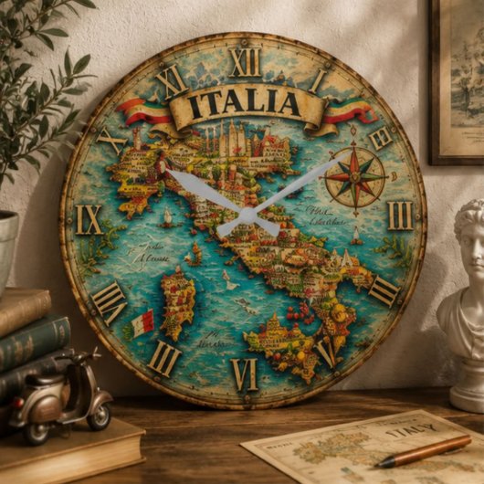 Italy Map Wall Vintage Große Wanduhr