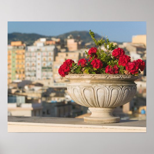 Italy, Sicily, Termini Imerese, View & Flowers Poster (Vorne)