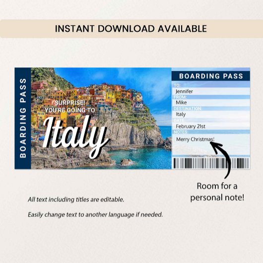 Italy Trip Surprise Boarding Pass Card Einladung