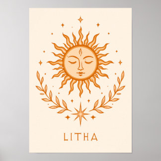 itha Celestial Sun Face Botanical Wreath Art Poster