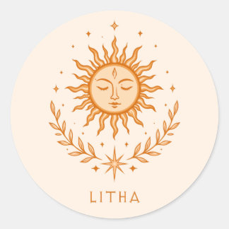 itha Celestial Sun Face Botanical Wreath Art Runder Aufkleber