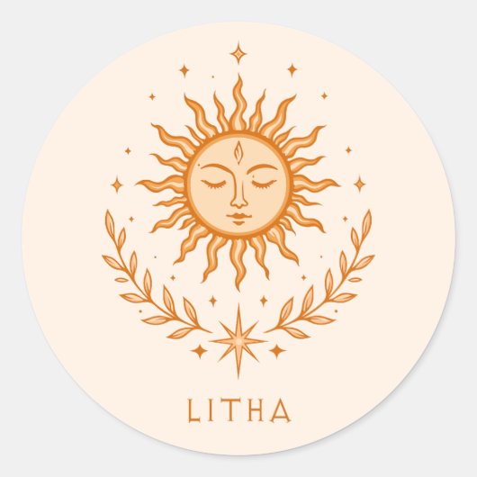itha Celestial Sun Face Botanical Wreath Art Runder Aufkleber (Vorderseite)