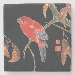 Ito Jakuchu Roter Papagei auf dem Ast Japanische K Steinuntersetzer