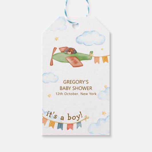 It's A Boy Bear Airplane Sky Baby Shower  Geschenkanhänger (Vorderseite)