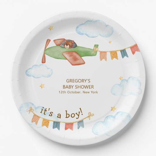 It's A Boy Bear Airplane Sky Baby Shower  Pappteller (Vorderseite)