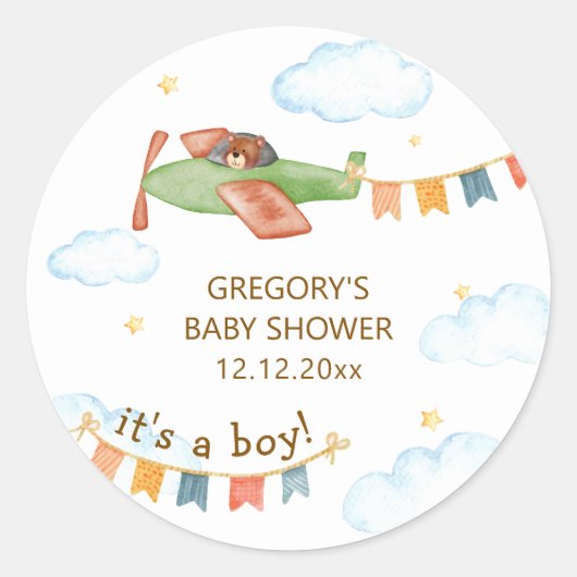 It's A Boy Bear Airplane Sky Baby Shower  Runder Aufkleber (Vorderseite)