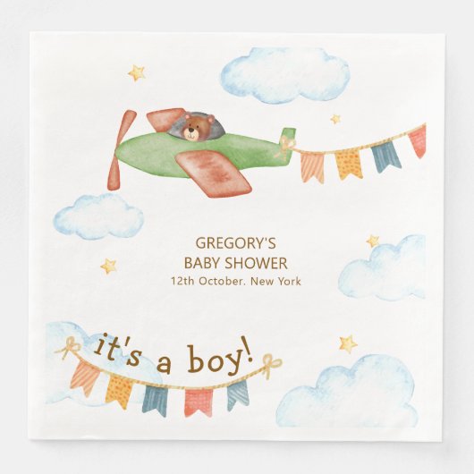 It's A Boy Bear Airplane Sky Baby Shower  Serviette (Vorderseite)