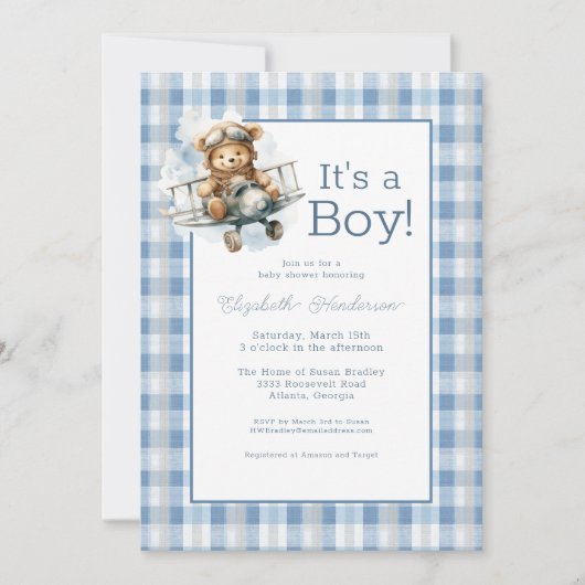 It's a Boy Blue Airplane Baby Shower Invitation Einladung (Vorderseite)