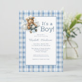 It's a Boy Blue Airplane Baby Shower Invitation Einladung (Stehend Vorderseite)
