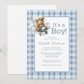 It's a Boy Blue Airplane Baby Shower Invitation Einladung (Vorne/Hinten)