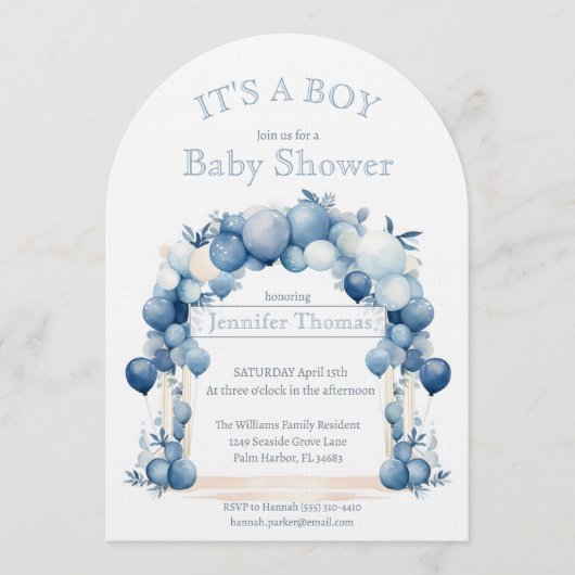 It's a BOY Blue Balloon Arch Baby Shower Einladung (Vorderseite)