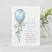 It's A Boy Blue Balloon Bow Greenery Baby Shower Einladung (Stehend Vorderseite)