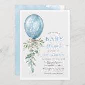 It's A Boy Blue Balloon Bow Greenery Baby Shower Einladung (Vorne/Hinten)