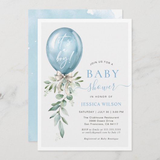 It's A Boy Blue Balloon Bow Greenery Baby Shower Einladung (Vorne/Hinten)