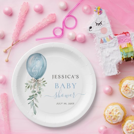 It's A Boy Blue Balloon Bow Greenery Baby Shower Pappteller (Party)