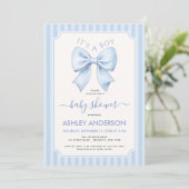 It's a Boy Blue Bow and Stripes Baby Shower Einladung (Stehend Vorderseite)