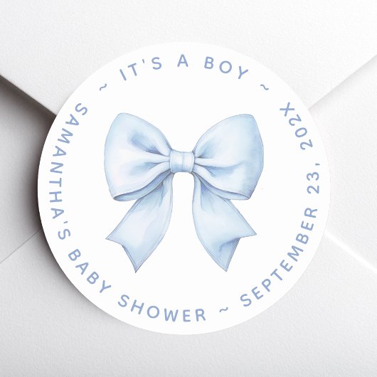 It's a Boy Blue Bow Baby Shower  Runder Aufkleber