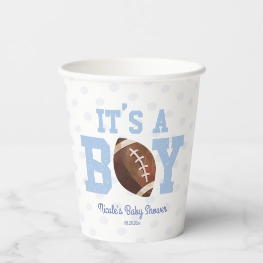 It's A Boy! Blue Football Baby Shower Pappbecher (Rückseite)