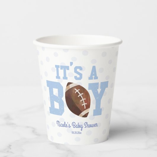 It's A Boy! Blue Football Baby Shower Pappbecher (Vorderseite)
