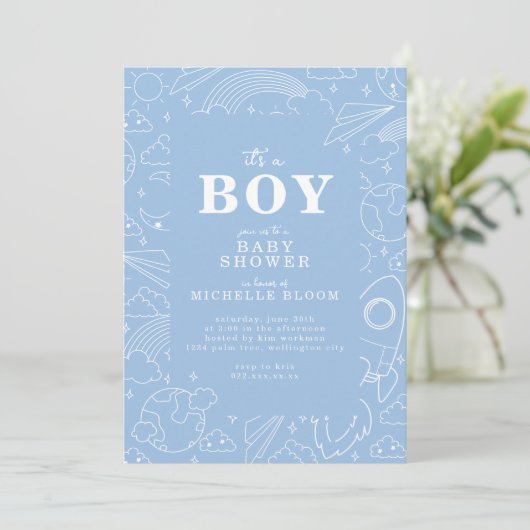 "It's a BOY" Blue Pattern Baby Dusche Einladung (Stehend Vorderseite)