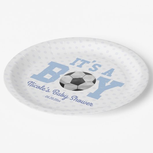 It's A Boy! Blue Soccer Baby Shower Pappteller (Schrägansicht)