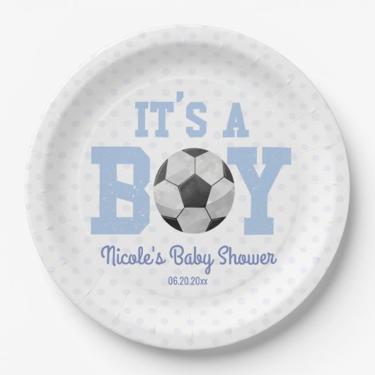 It's A Boy! Blue Soccer Baby Shower Pappteller (Vorderseite)