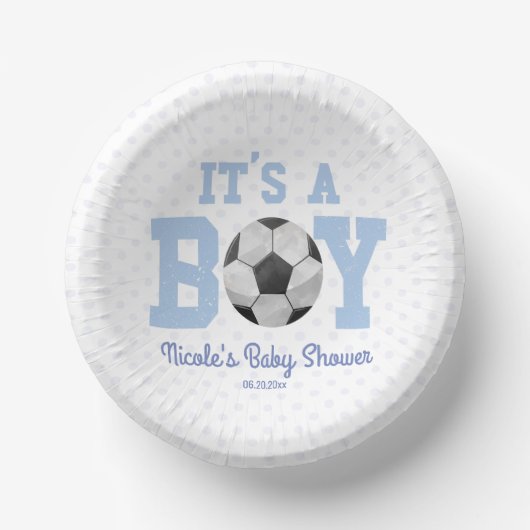 It's A Boy! Blue Soccer Baby Shower Pappteller (Vorderseite)