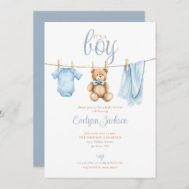 Its A Boy Cute Blue Clothesline Baby Shower Einladung