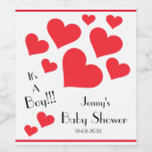 It's A Boy! - Cute Red Hearts Custom Baby Shower Weinetikett (Einzelnes Label)