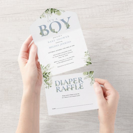 Its A Boy Dusty Blue Floral Greenery Baby Shower All In One Einladung (Abreißen)