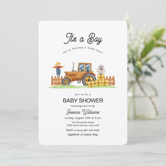 It's A Boy Framer Tractor Baby Shower Einladung (Stehend Vorderseite)