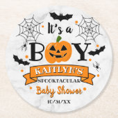 "It's a Boy" Kürbiskreifer Halloween-Kinderdusche Runder Pappuntersetzer (Vorderseite)