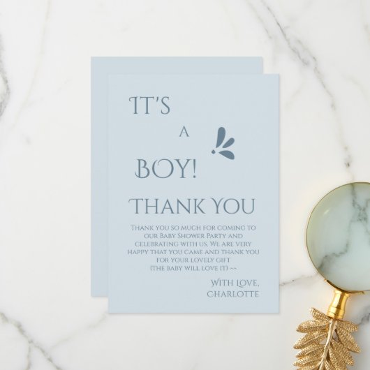 It's A Boy! Minimalism Pastel Blue Baby Shower Dankeskarte (Vorderseite/Rückseite Beispiel)