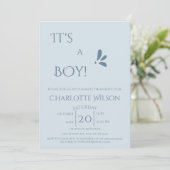 It's A Boy! Minimalism Pastel Blue Baby Shower Einladung (Stehend Vorderseite)