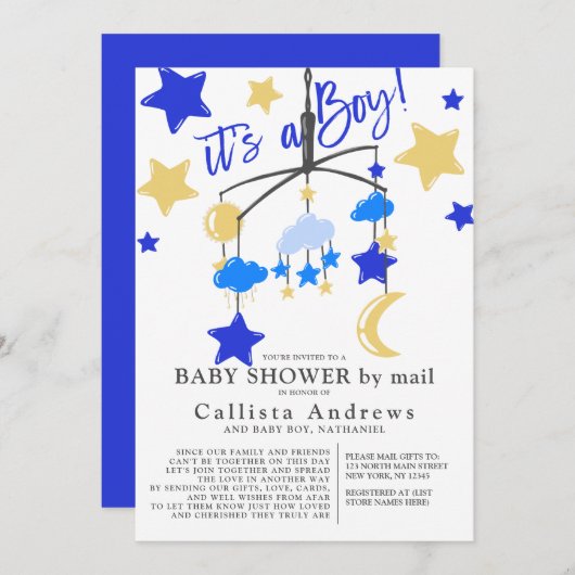 It's a Boy Moon Stars Mobile Baby Shower By Mail Einladung (Vorne/Hinten)