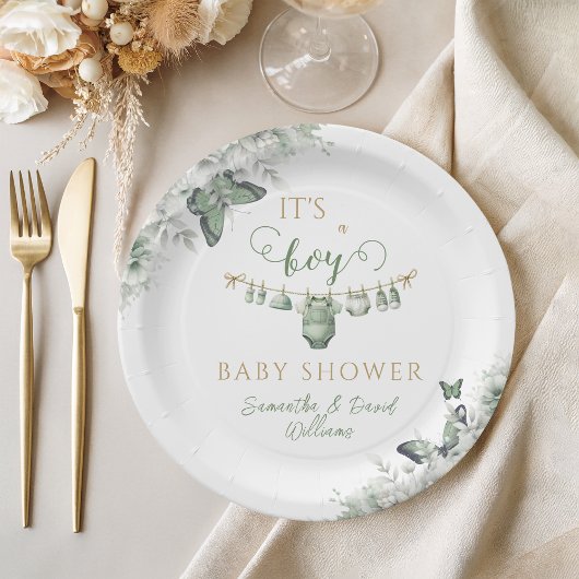 It's a Boy Sage Green Butterfly Floral Pappteller