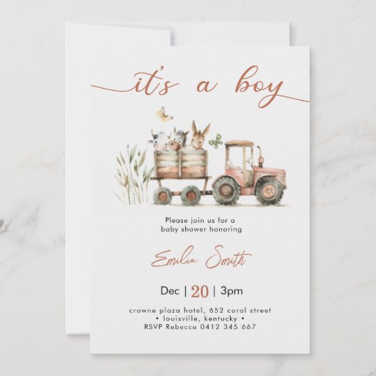 It's a Boy Tractor Baby Shower Einladung (Vorderseite)
