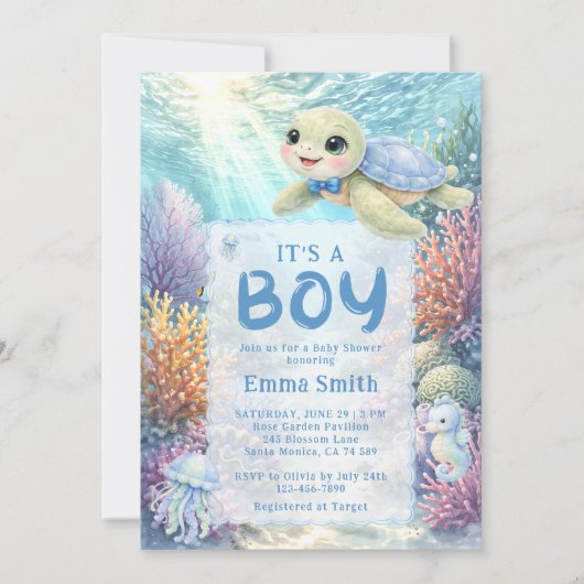 It's a Boy Under the Sea Turtle Boy Baby Shower Einladung (Vorderseite)