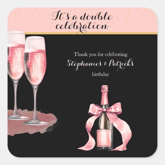 It's a Double Celebration Black Champagne Birthday Quadratischer Aufkleber (Vorderseite)