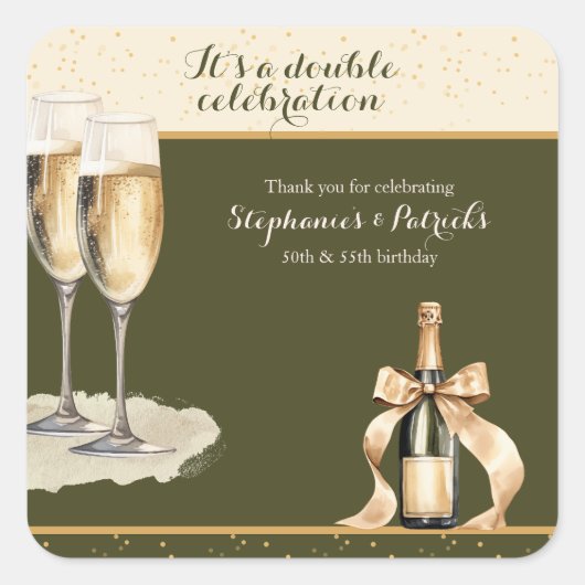 It's a Double Celebration Green Champagne Birthday Quadratischer Aufkleber (Vorderseite)