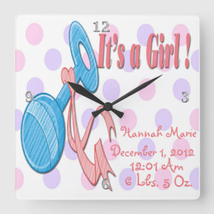 It's a Girl - Baby Rattle Keepsake Wall Clock Quadratische Wanduhr
