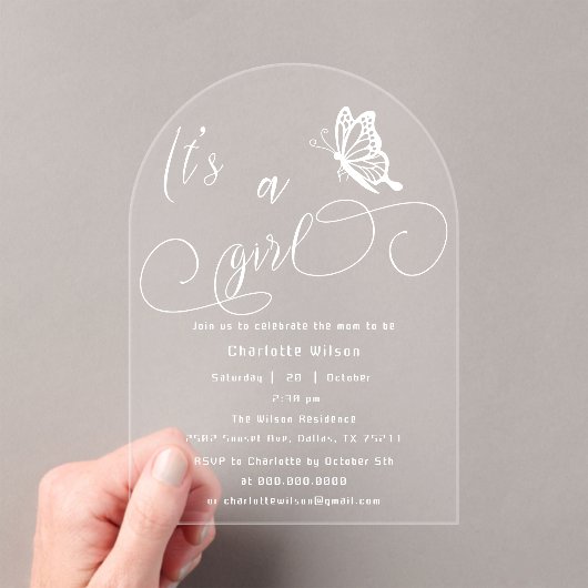 It's A Girl Modern Minimal Butterfly Baby Shower Acryleinladungen (Insitu (Handheld))