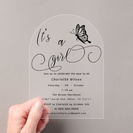 It's A Girl Modern Minimal Butterfly Baby Shower Acryleinladungen (Insitu (Handheld))
