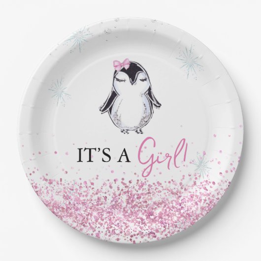 It's a Girl Penguin Winter Baby Shower Pappteller (Vorderseite)