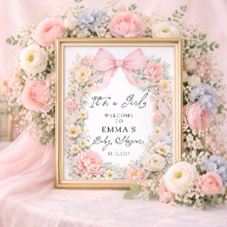 It's a Girl Pink Bow Garden Baby Shower Welcome Poster