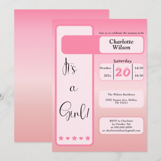It's A Girl! Pink Gradient Cute Baby Shower Einladung (Vorne/Hinten)