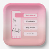 It's A Girl! Pink Gradient Cute Baby Shower Pappteller (Vorderseite)