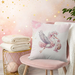 It's a Girl Pink Stork Pink Clouds Baby Shower  Kissen