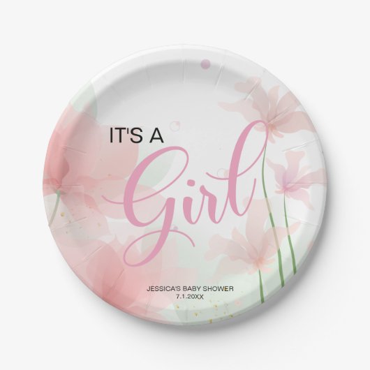 It's a Girl Soft Blush Pink Flowers  Pappteller (Vorderseite)
