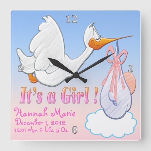 It's A Girl - Stork Keepsake Wall Clock Quadratische Wanduhr (Vorderseite)
